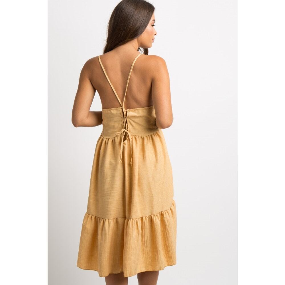 Pinkblush Maternity Yellow Lace-Up Tie Back Ruffle Dress Linen Size Large - Picture 2 of 10